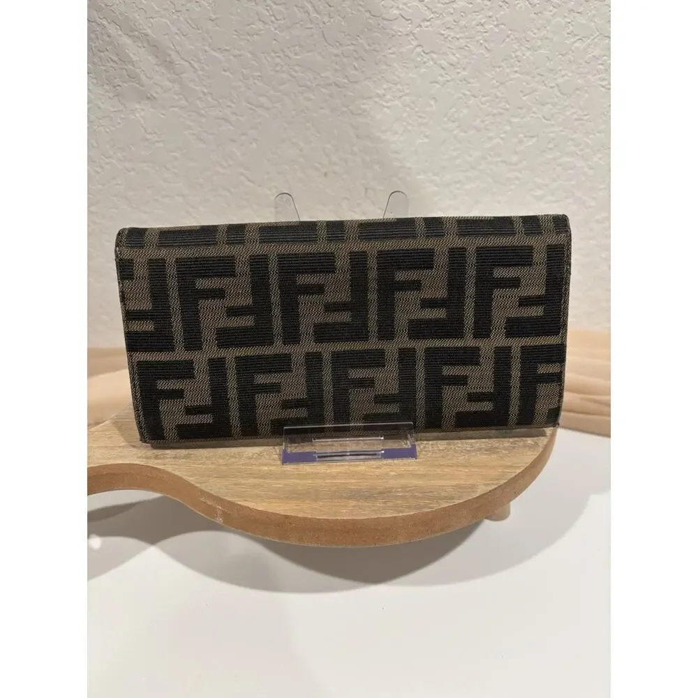 Fendi FF Zucca Logo Long Clutch Flap Wallet Credit Card Zipper Brown Black